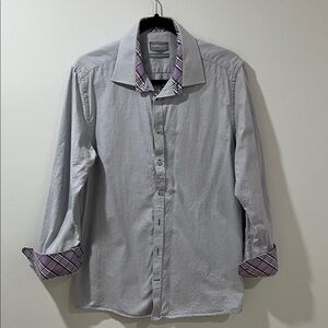 Sondergaard Men’s Button Up Dress Shirt Purple Plaid Accents Cotton 16.5 Grey